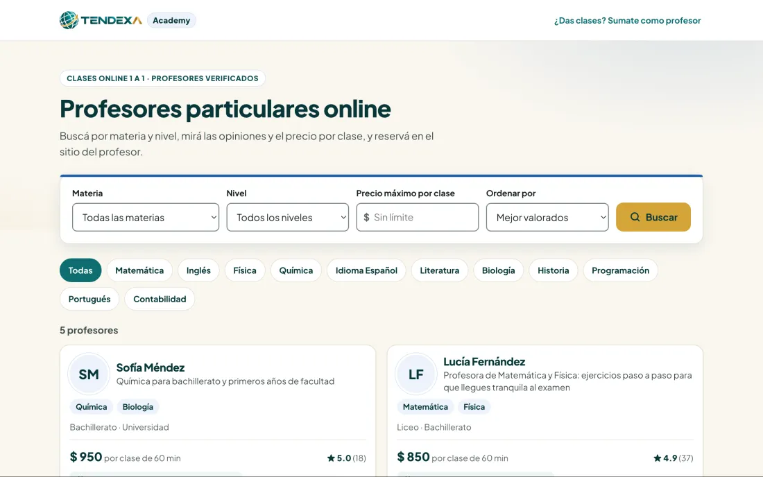 Buscador de Tendexa Academy con profesores particulares de ejemplo, sus materias, precio por clase y opiniones