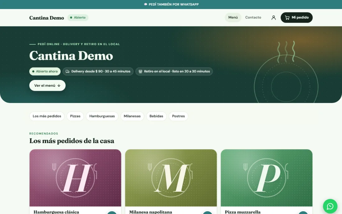 Portada de un local gastronómico con su menú online (sitio de ejemplo)