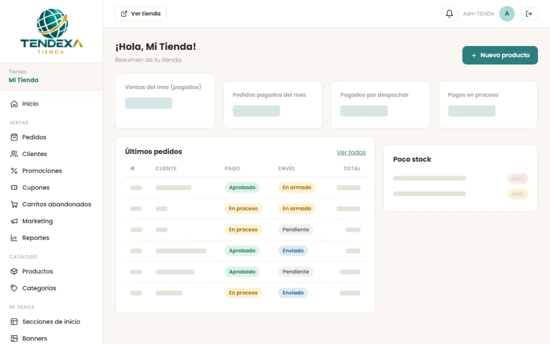 Panel de Tendexa: ventas del mes, últimos pedidos y productos con poco stock