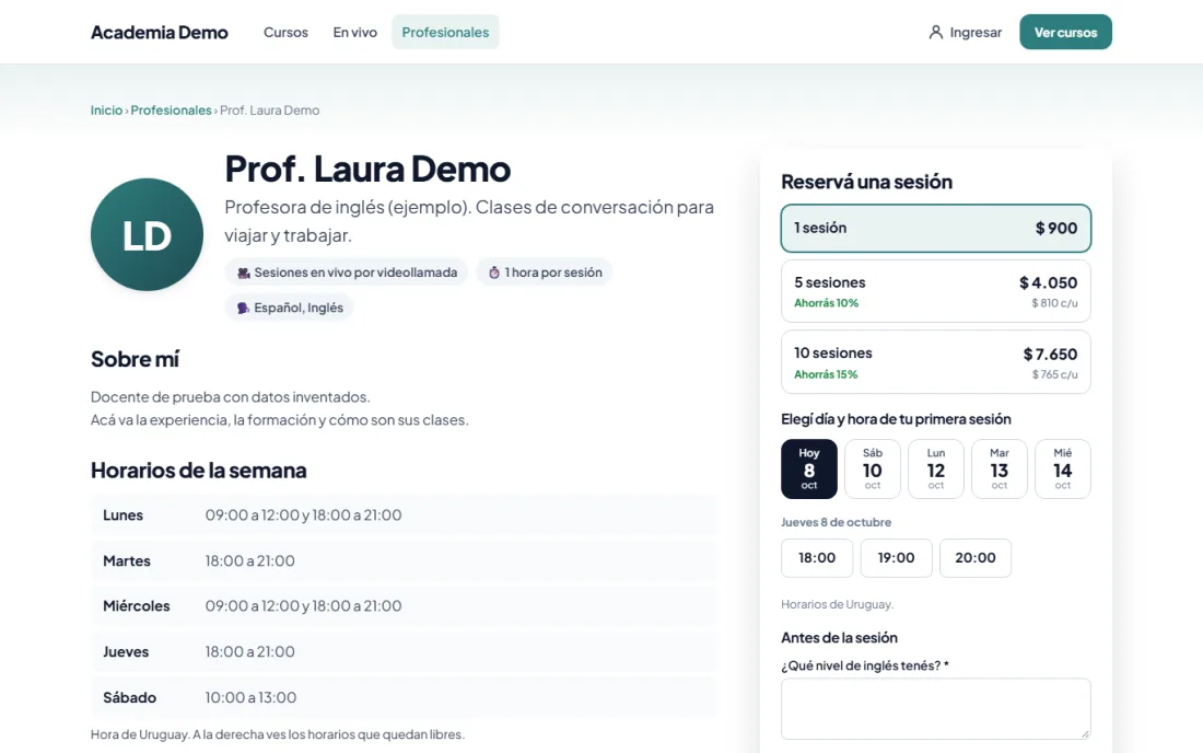 Perfil de un profesional con su agenda para reservar una sesión (sitio de ejemplo)