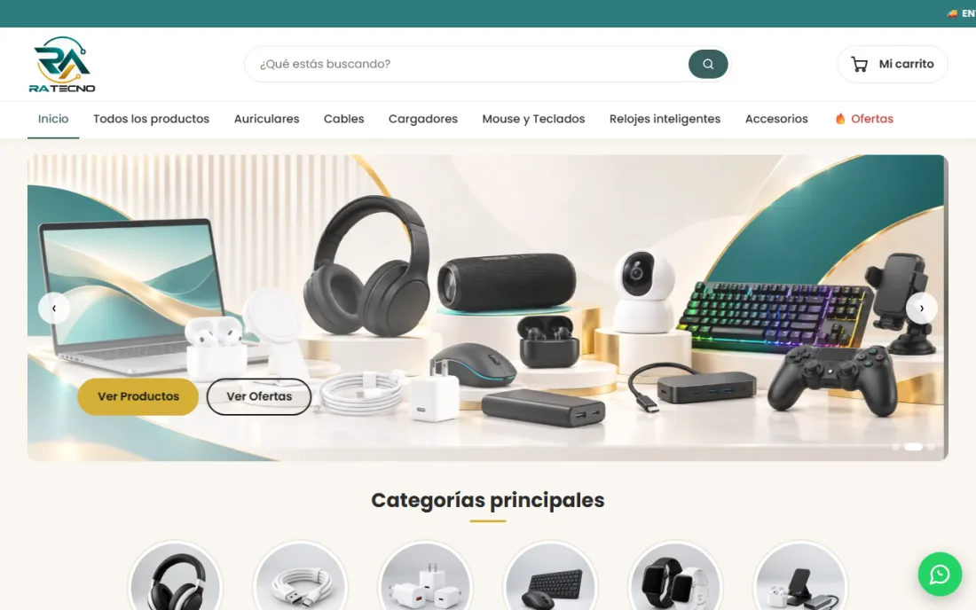 Página de inicio de la tienda RA Tecno, hecha con Tendexa